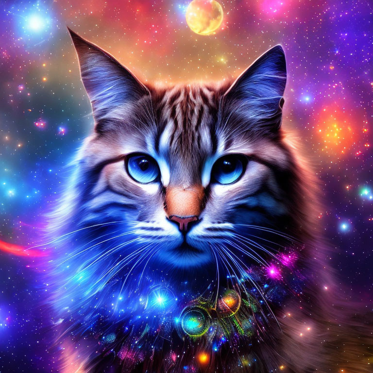 Colorful digital artwork: Galaxy-themed cat with cosmic backdrop