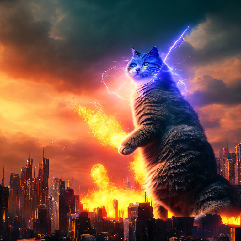 Enormous cat amidst burning cityscape under lightning storm