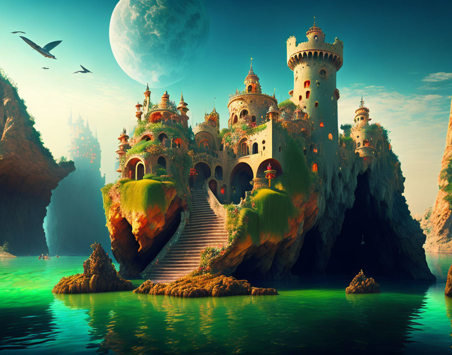 Majestic castle on island with lush greenery, moon, and mystical vibe