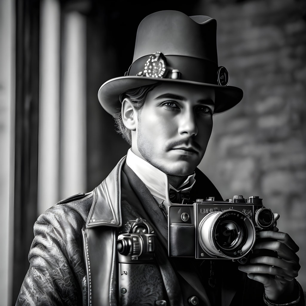 Monochrome image of stylish man with vintage camera and detective vibe