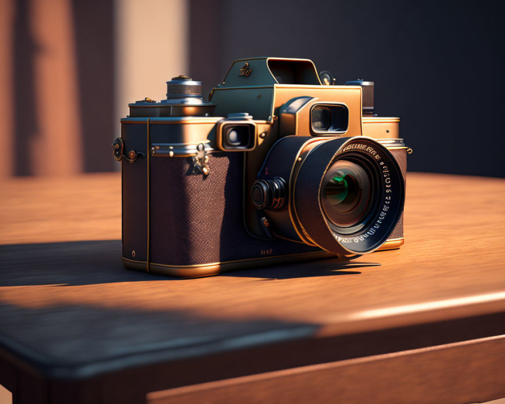 Vintage-Style Camera with Brown Leather Casing and Golden Accents on Wooden Surface