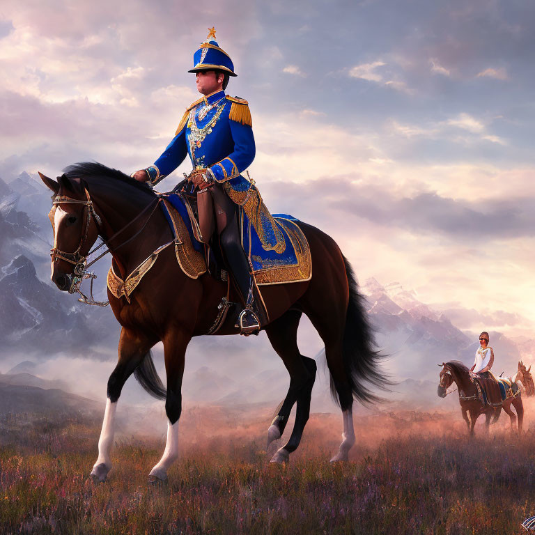 Blue Hussar Uniform Rider on Brown Horse with Mountainous Backdrop