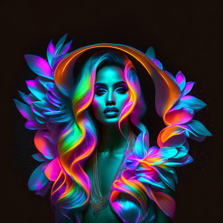 Colorful digital artwork: Woman with luminous wings and glowing hair.