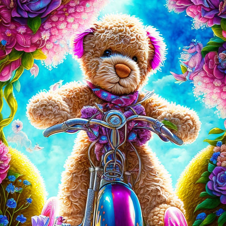 Plush teddy bear on blue bicycle amidst colorful flowers