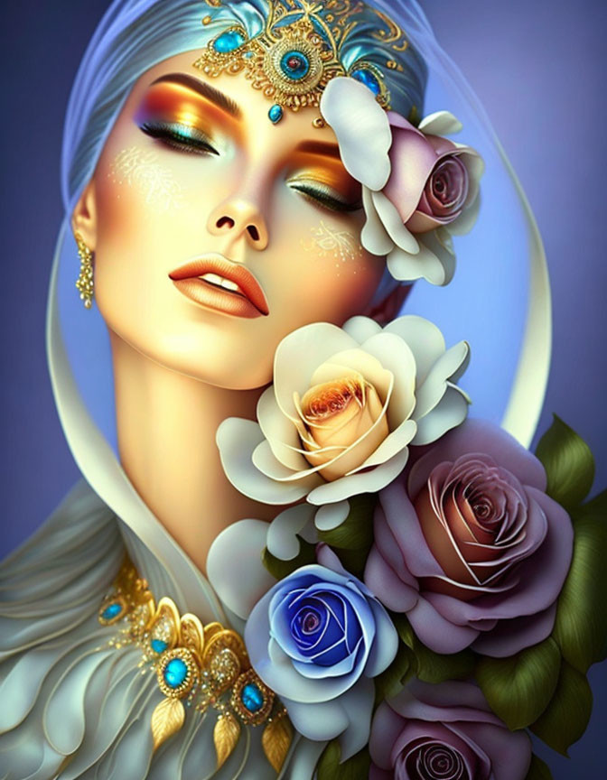 Illustrated woman with head jewelry and roses on blue backdrop