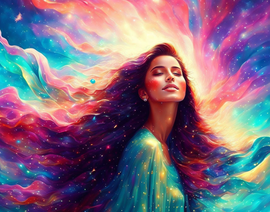 Woman with closed eyes in vibrant cosmic backdrop merging with nebula colors