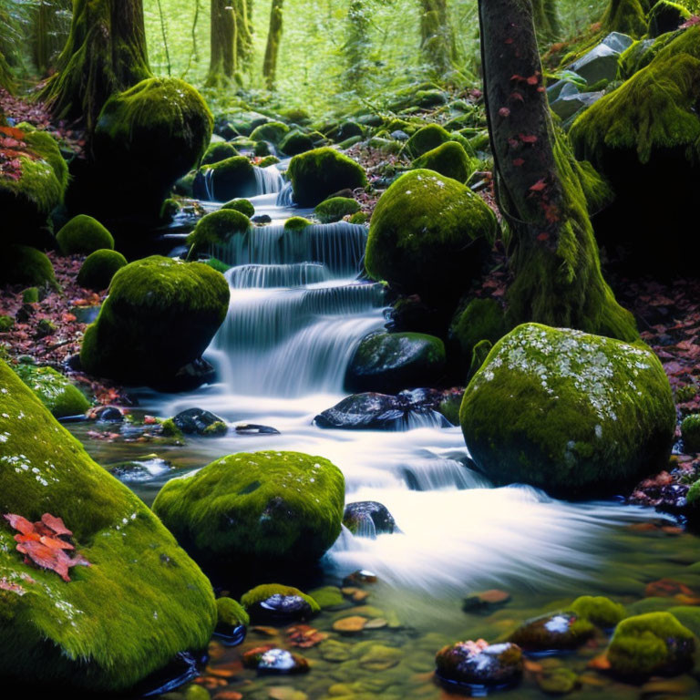 Tranquil stream in lush forest with moss-covered rocks