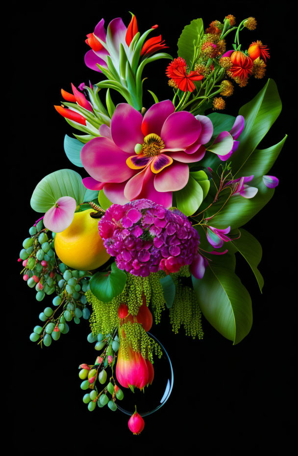 Colorful Flower and Fruit Composition with Hydrangea, Foliage, and Lemon on Dark