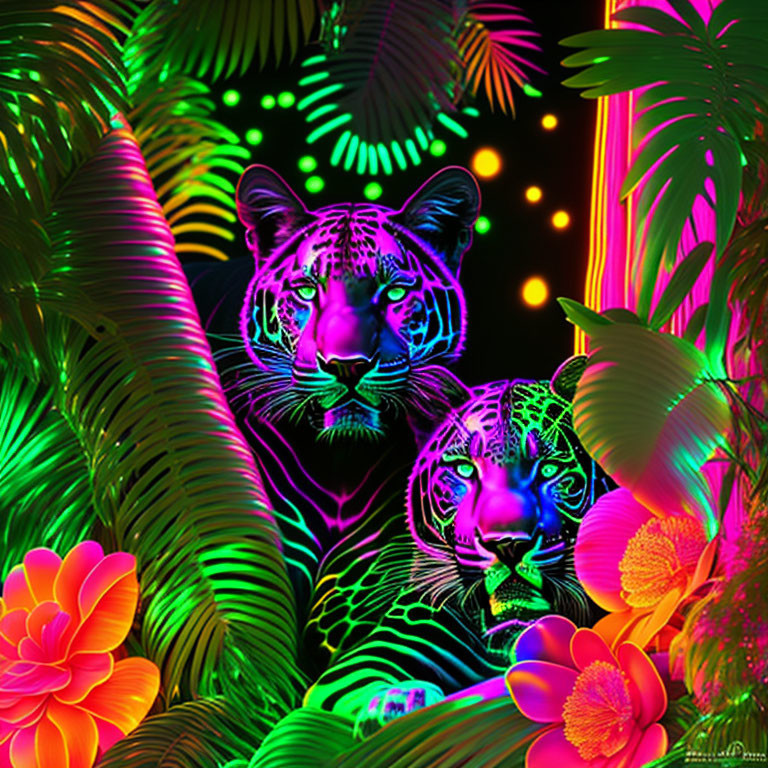 Neon-colored tigers in vibrant digital art