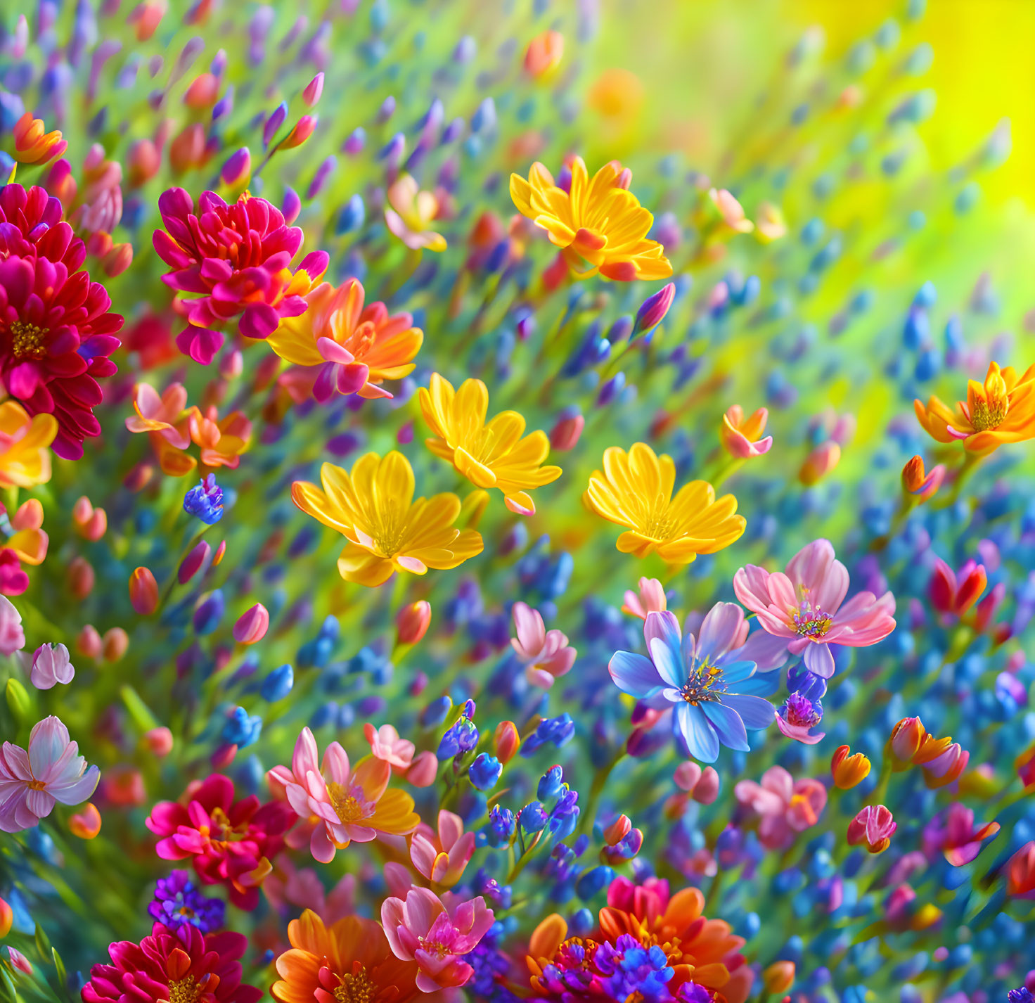 Multicolored flowers in red, yellow, and blue against a soft green backdrop