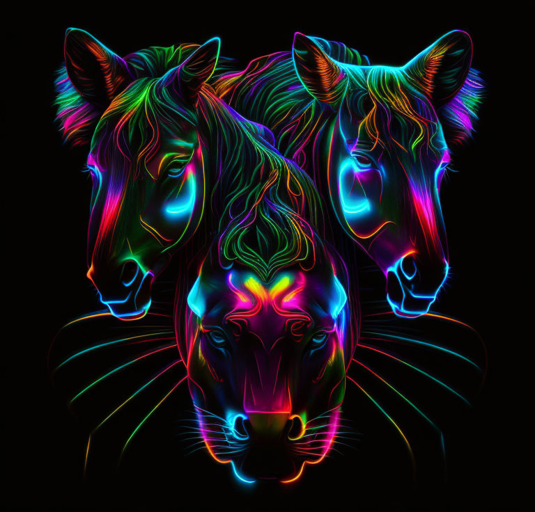 Vibrant neon glowing horse heads in profile on black background