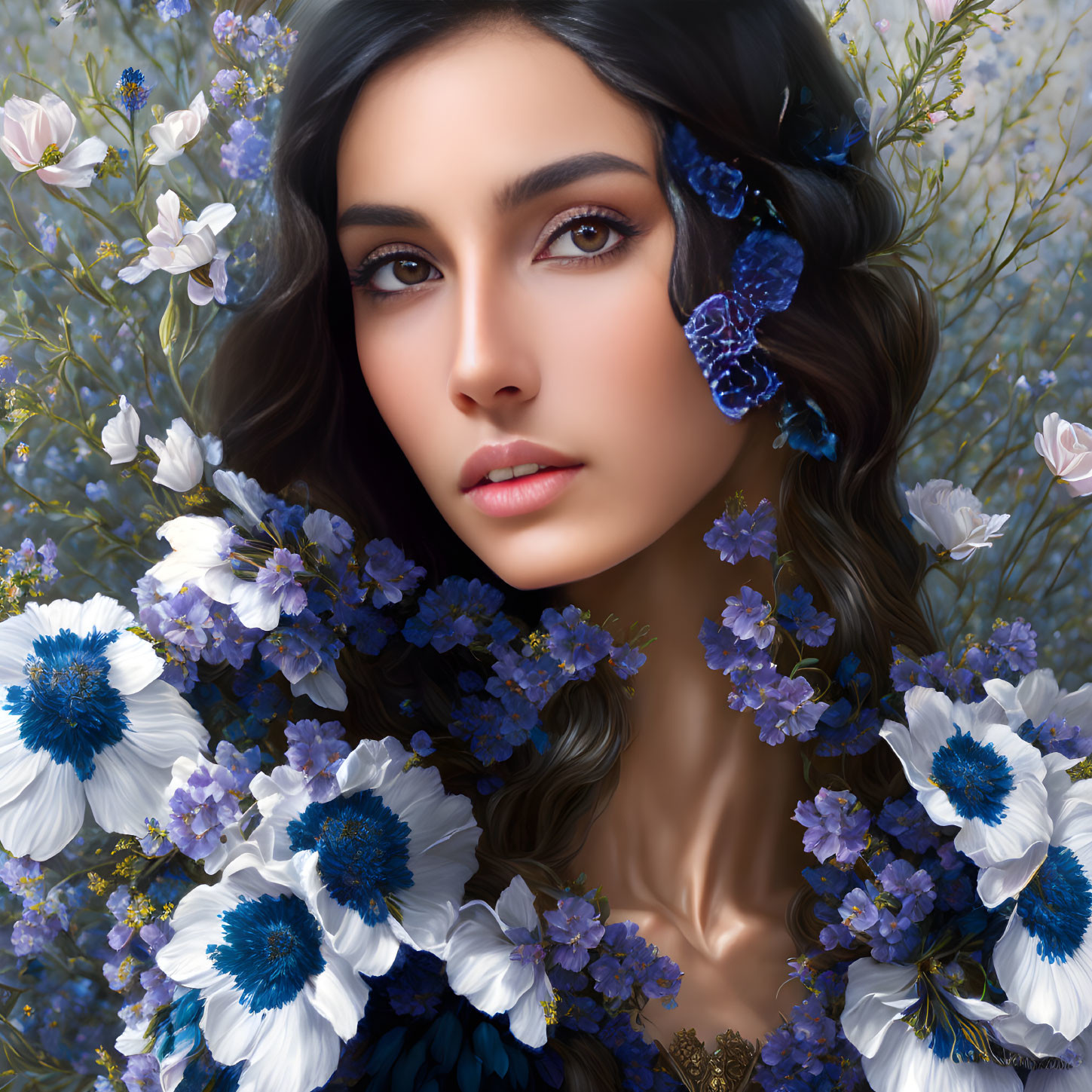 Woman with Blue and White Flowers and Butterfly in Hair gazes softly in Floral Setting