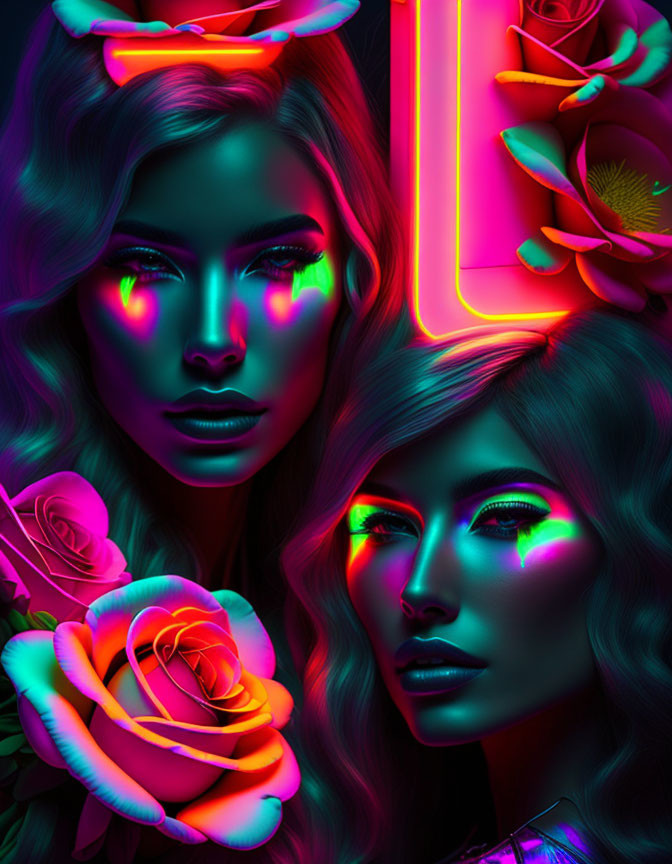 Vibrant neon makeup on women among roses under pink and green lighting