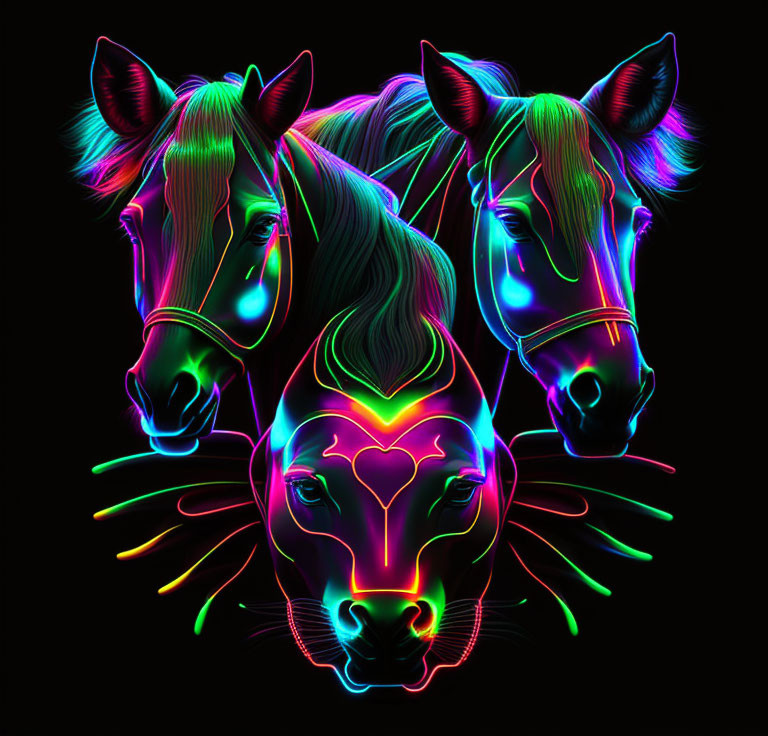 Vibrant neon-lit horse heads on black background