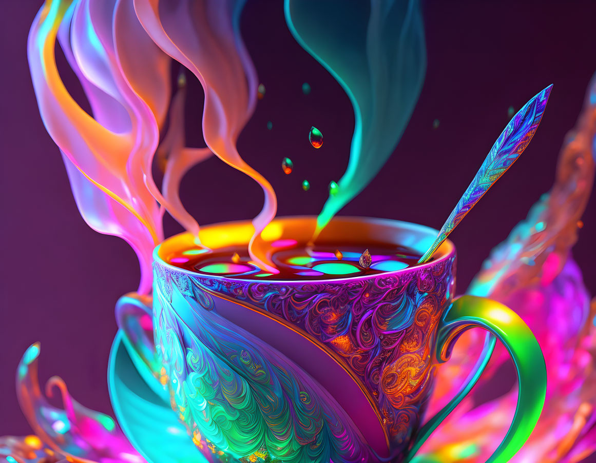 Colorful Swirling Cup with Steaming Liquid and Writing Quill