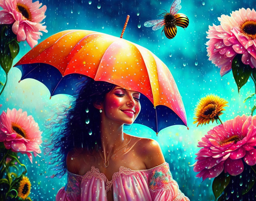 Colorful umbrella woman smiling in rain with flowers and bee - magical blue backdrop