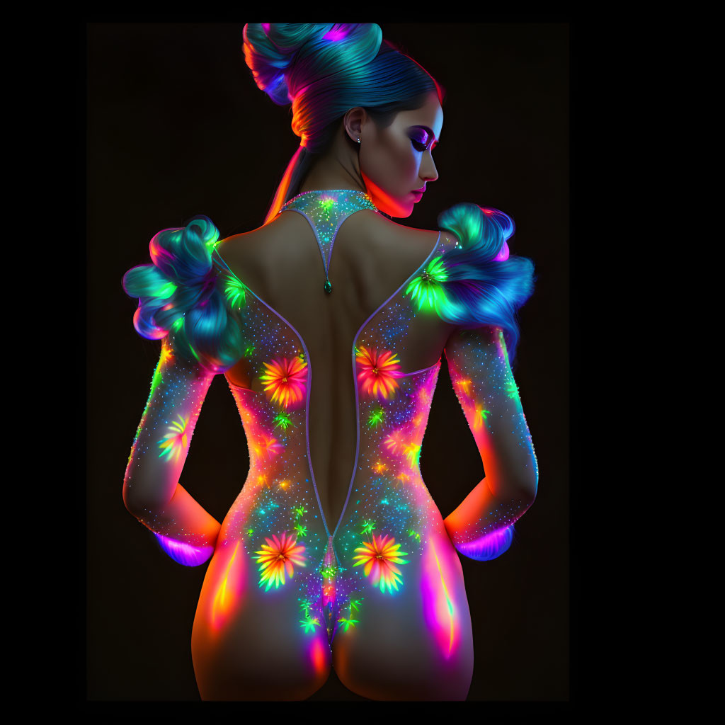 Colorful Woman with Neon Hair and Glowing Body Art on Dark Background
