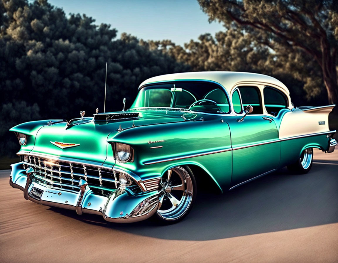 Vintage turquoise and white car with chrome details and fins on road at sunset.