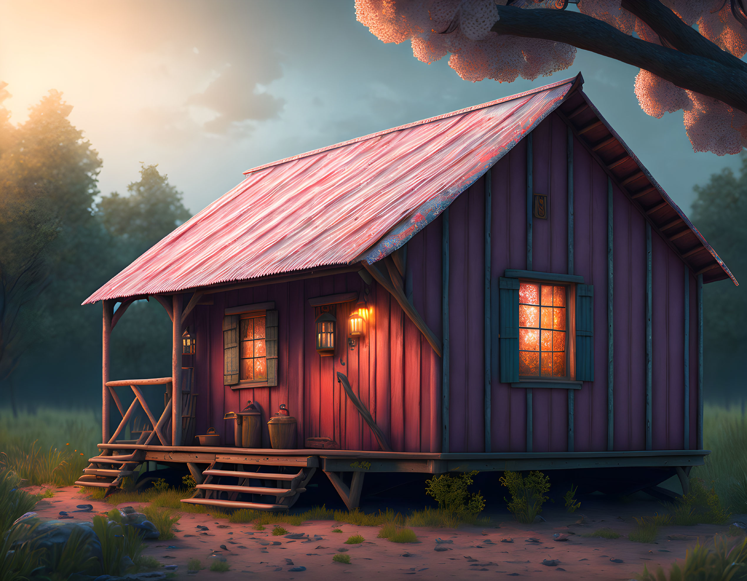 Purple Cabin with Red Tin Roof in Twilight Landscape with Warm Lights