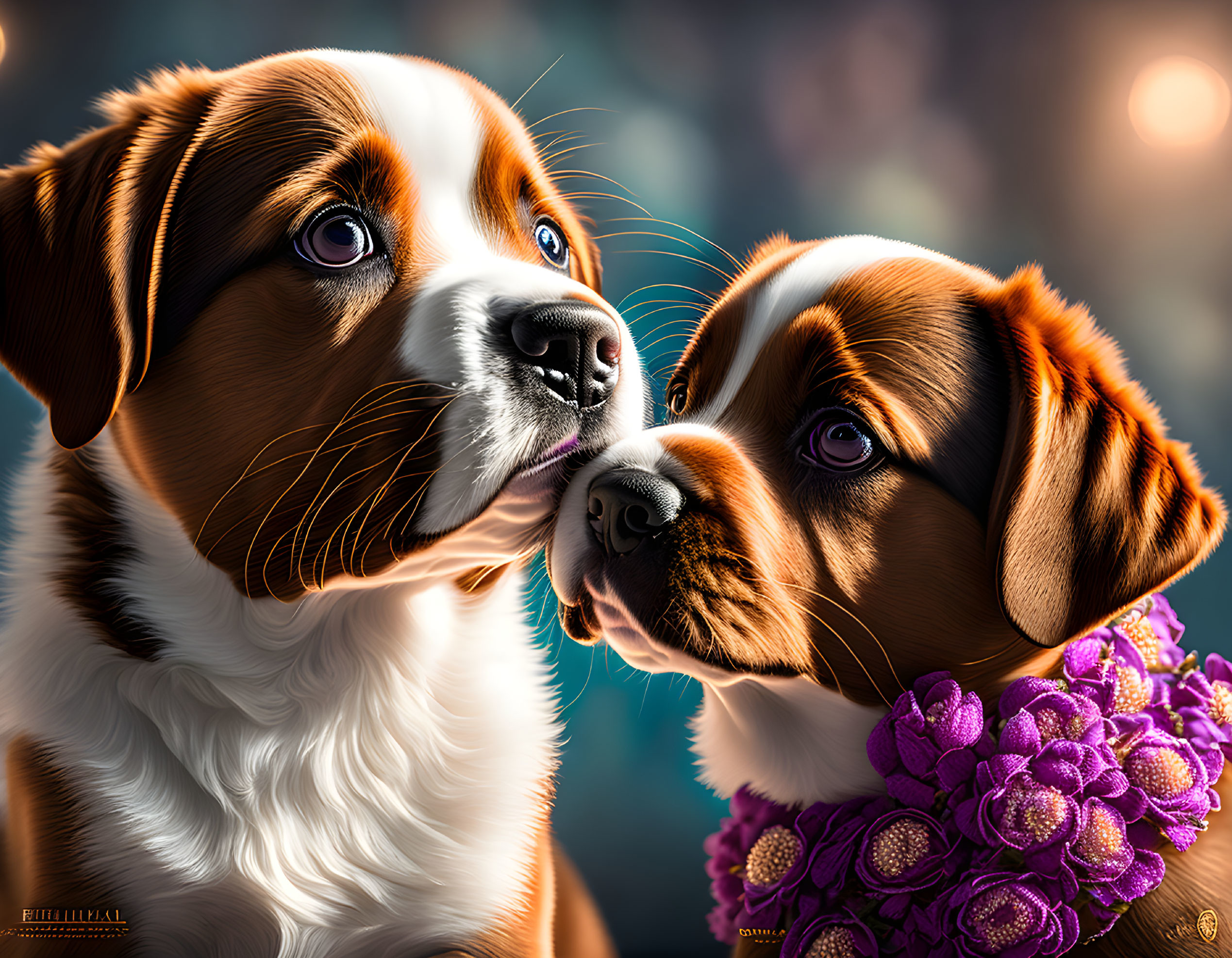 Realistic Animated Dogs with Brown and White Fur in Tender Moment