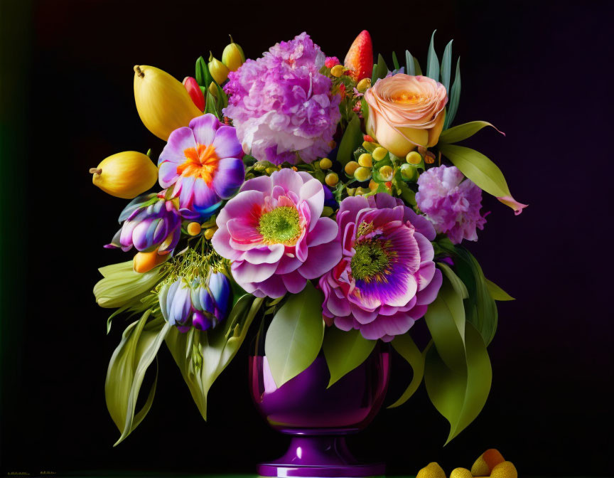 Colorful Flower Bouquet in Purple Vase on Dark Background