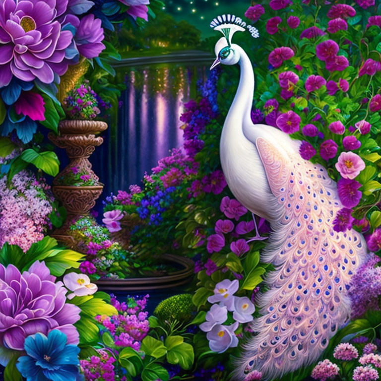 Colorful White Peacock Illustration in Lush Garden with Waterfall