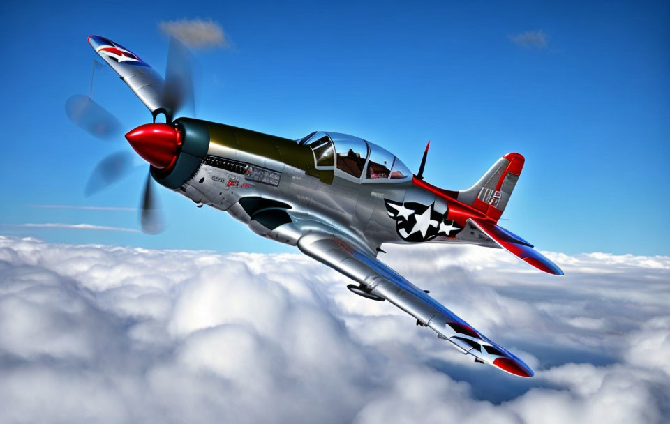 Vintage P-51 Mustang WWII fighter plane in colorful sky