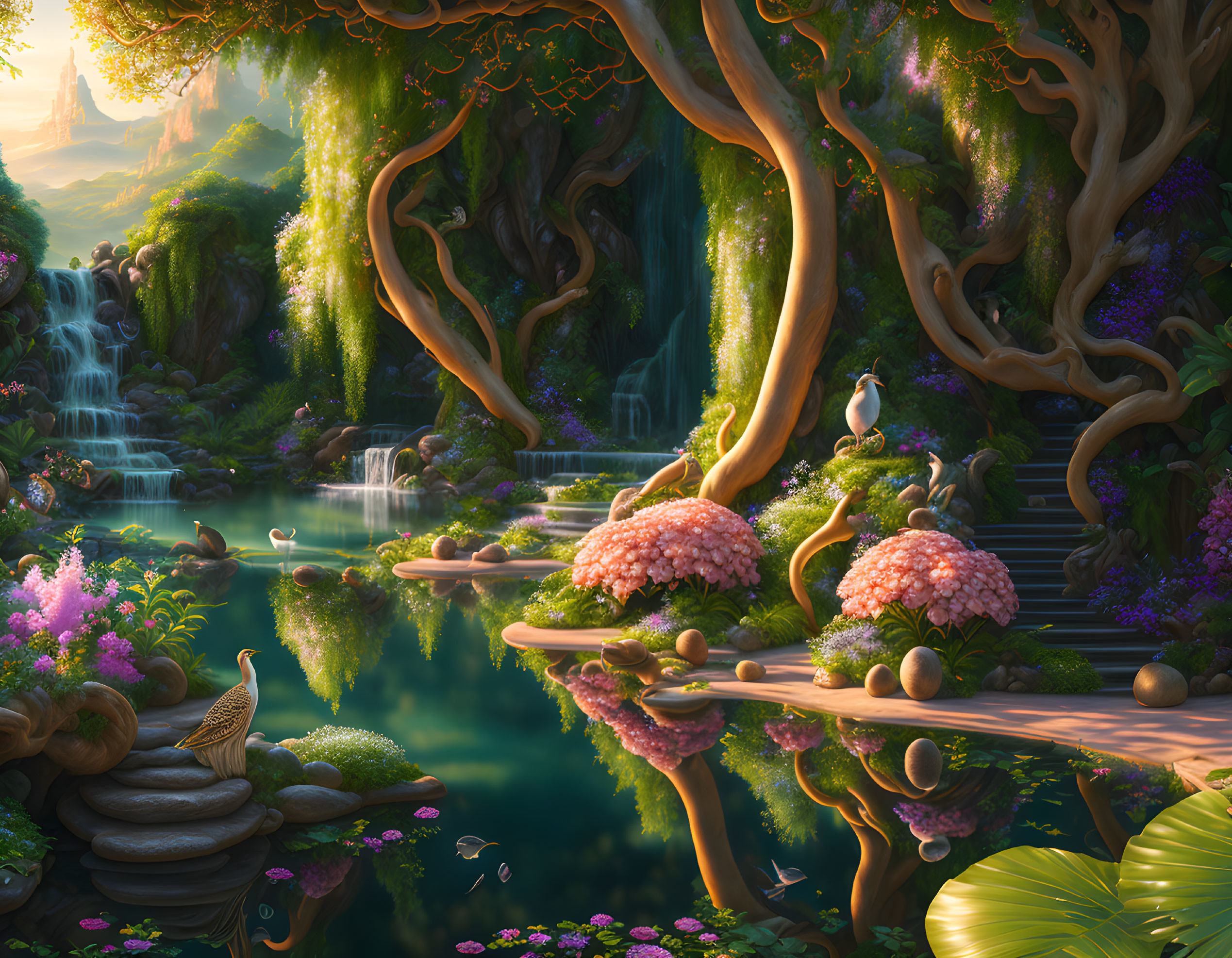 Tranquil fantasy landscape with lush trees, waterfalls, flowers, river, and wildlife