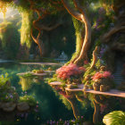 Tranquil fantasy landscape with lush trees, waterfalls, flowers, river, and wildlife