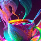 Colorful Swirling Cup with Steaming Liquid and Writing Quill