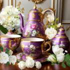 Purple and Gold Porcelain Tea Set with Floral Patterns and White Roses