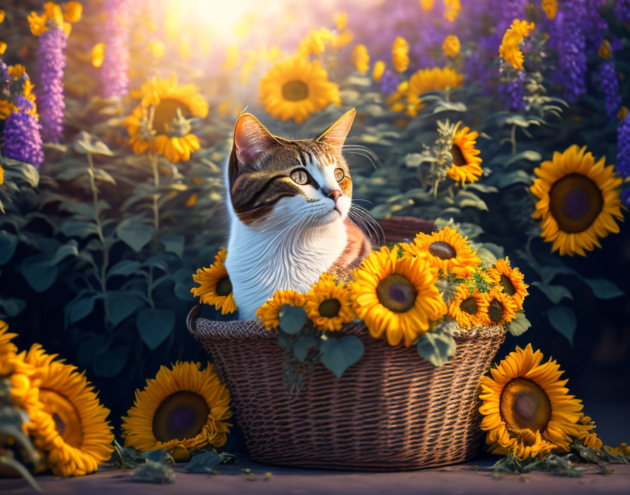 Cat in wicker basket with sunflowers and sunlight background