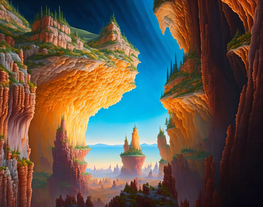 Fantastical landscape with towering cliffs and floating islands