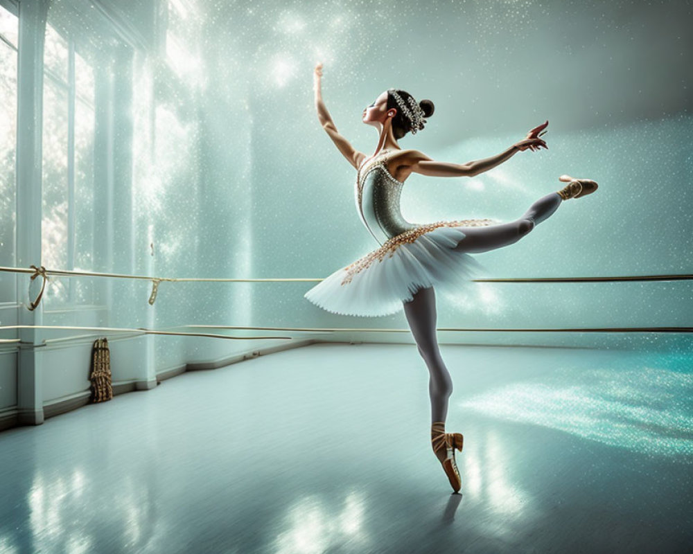 Ballerina in white tutu and pointe shoes in sunlit dance studio