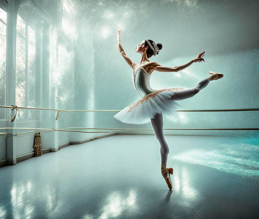 Ballerina in white tutu and pointe shoes in sunlit dance studio