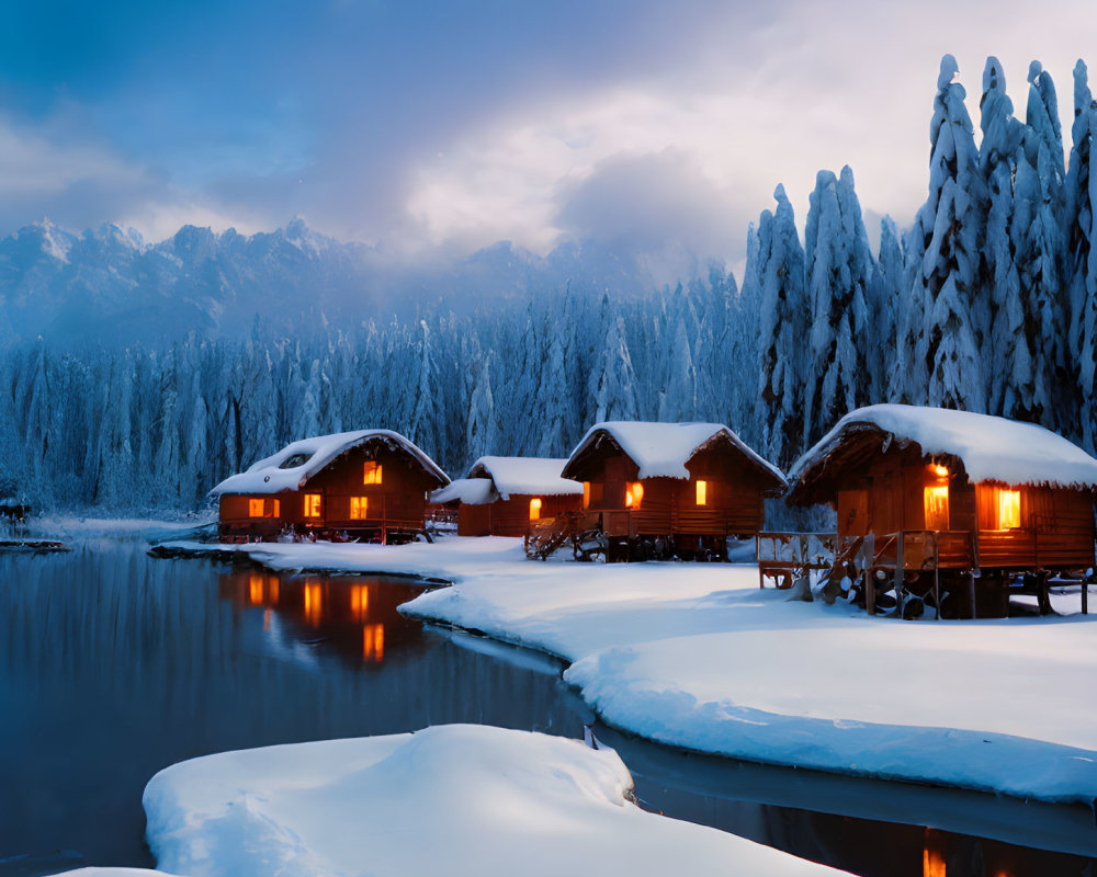 Twilight snowscape with cabins, lake, frosty trees & mountains