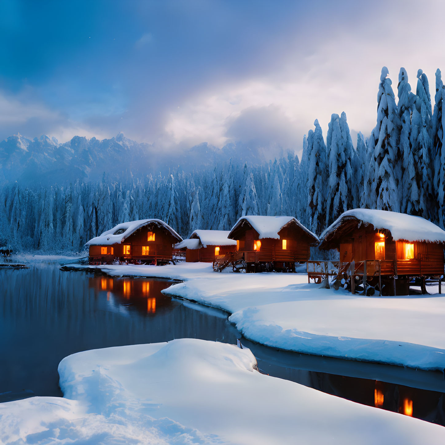 Twilight snowscape with cabins, lake, frosty trees & mountains