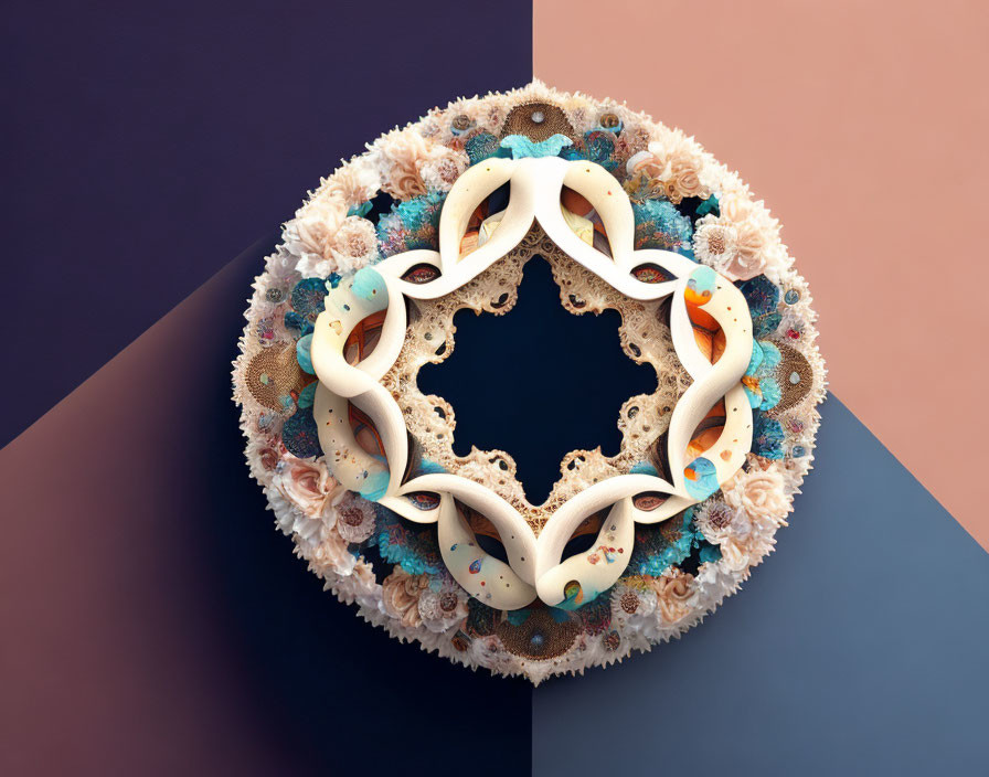 Circular 3D Fractal Design with Interconnected Loops and Floral Motifs