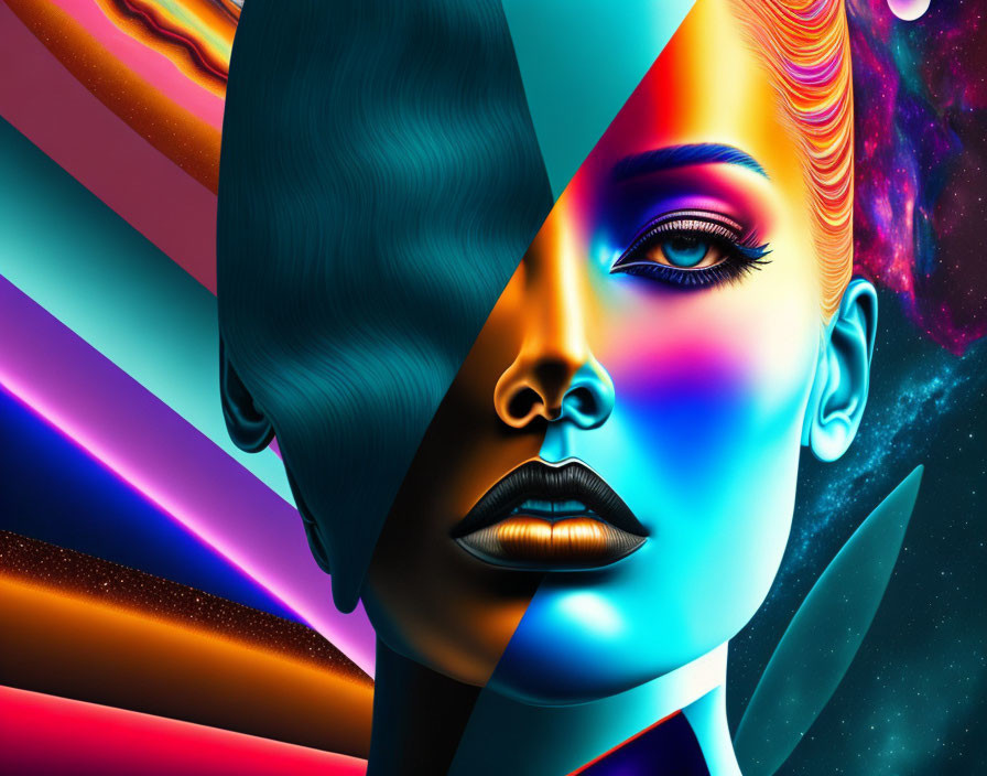 Split face digital artwork: monochrome vs. colorful cosmic patterns