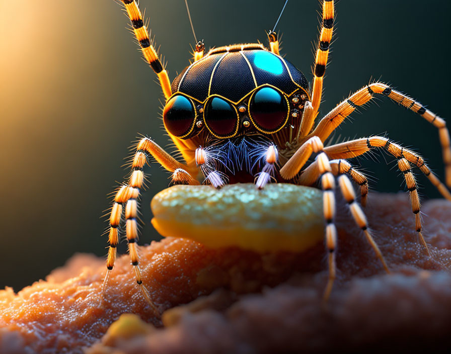 Close-up of Jumping Spider with Vibrant Multicolored Eyes on Textured Surface