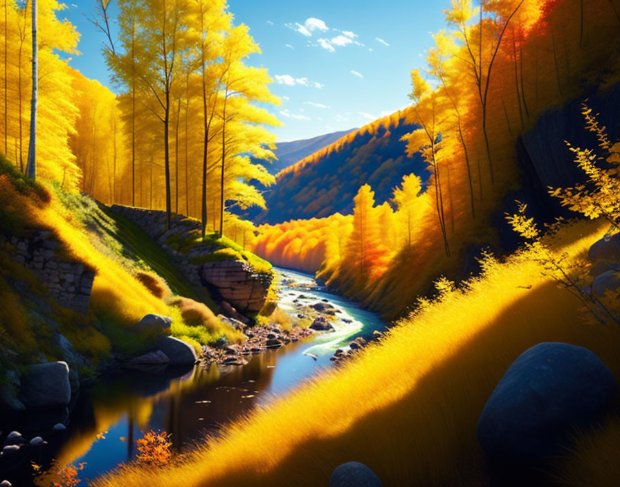 Tranquil autumn landscape with golden trees, river, rocks, and blue sky