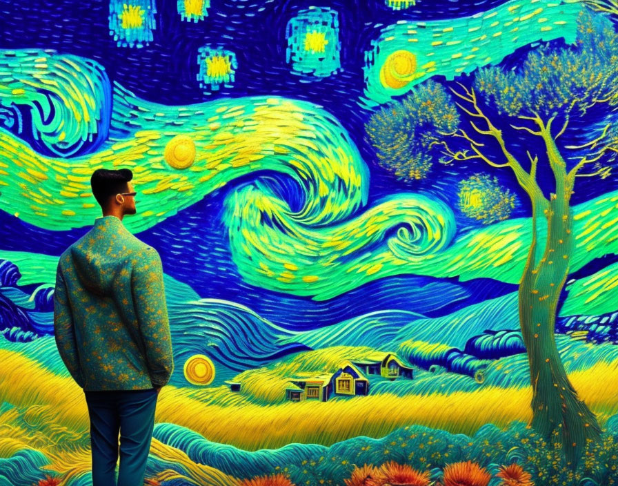 Man in Patterned Jacket in Front of Van Gogh-Inspired Starry Night Scene