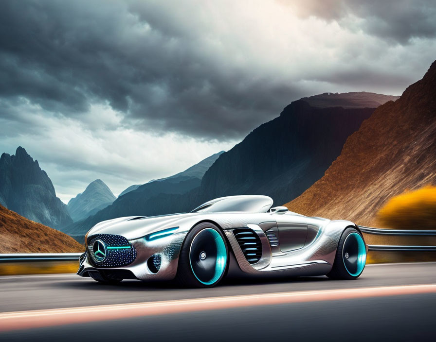 Silver sports car with blue accents driving on mountain road under moody sky