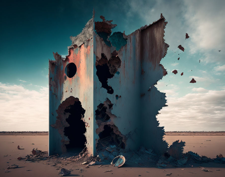 Abandoned structure in barren landscape with eroded walls