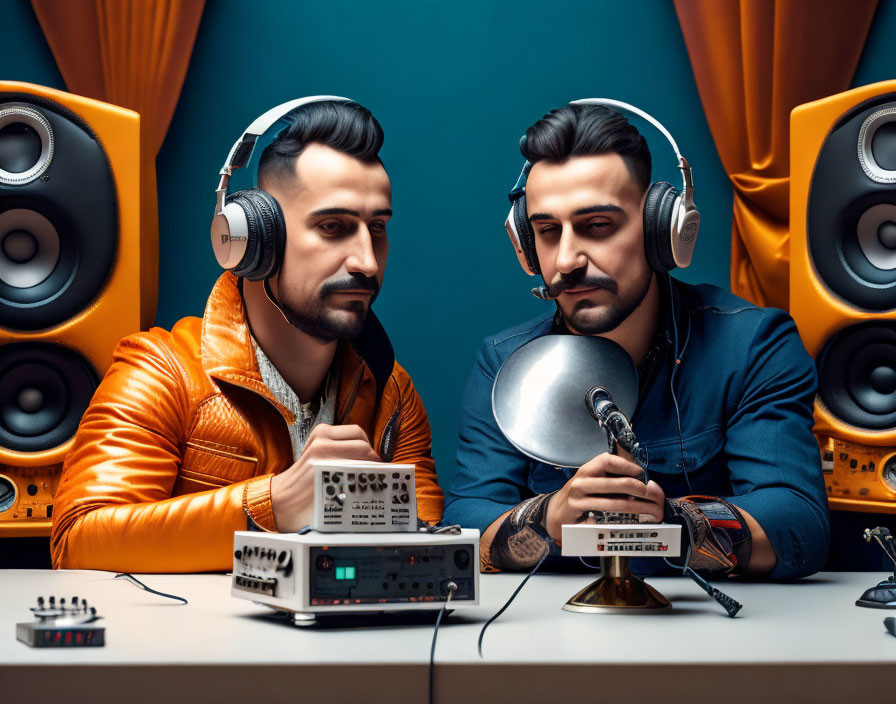 Two men in a studio with headphones and microphones amid music equipment and large speakers on a vibrant background