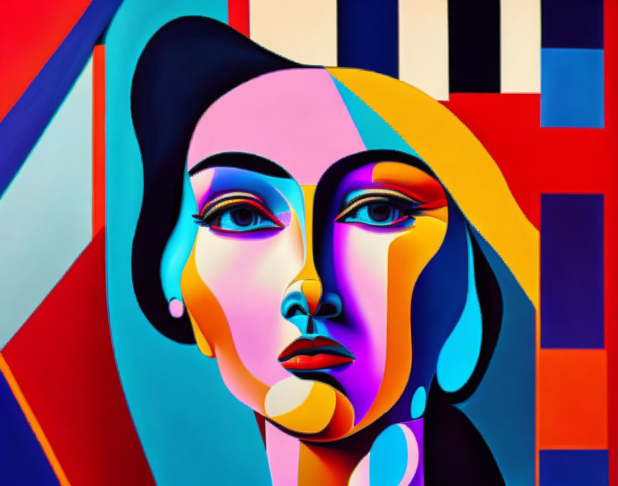 Colorful abstract portrait of a woman with cubist influences