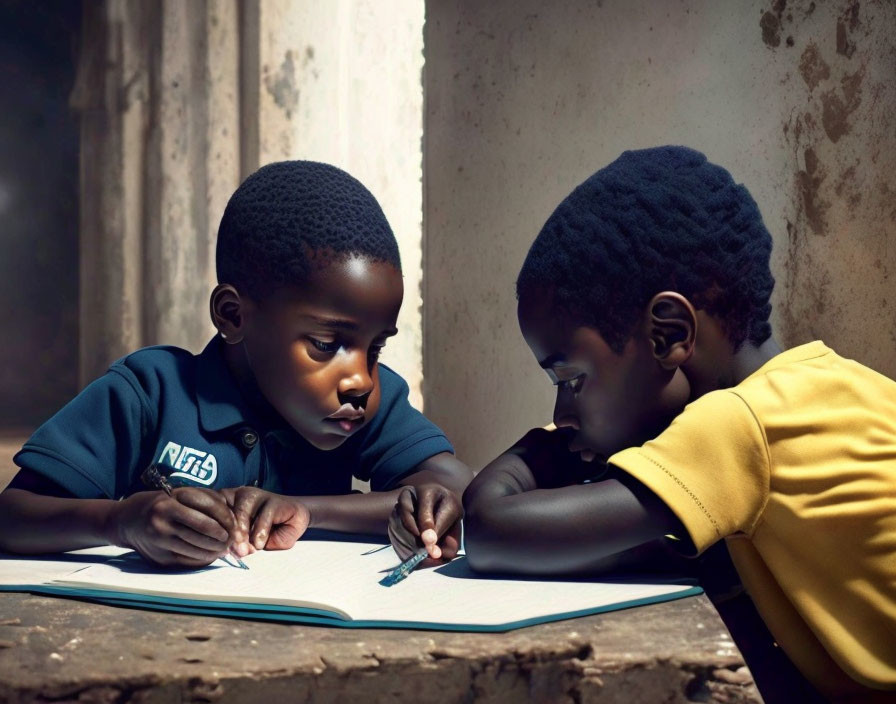 Children writing in notebook with sunlight streaming in