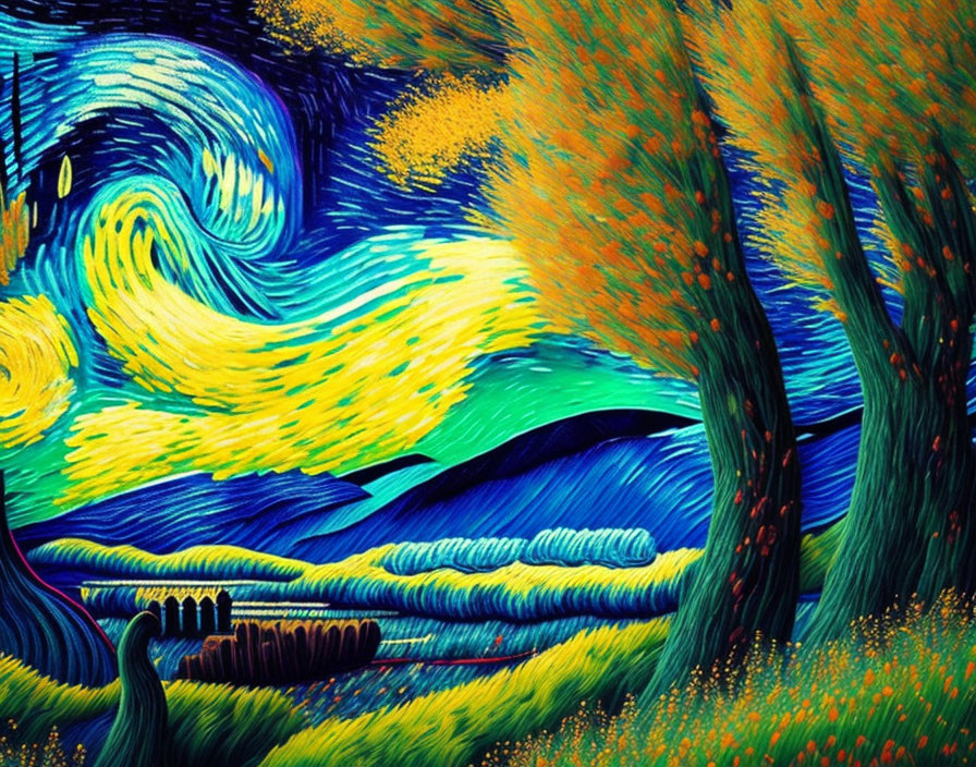 Colorful Artistic Illustration of Swirling Landscape in Blue, Yellow, and Green