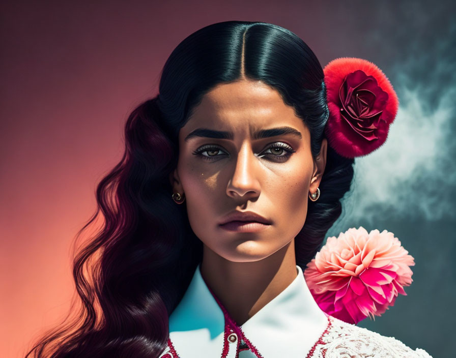 Dark-haired woman with red rose, intense gaze, white high-neck garment with pink details