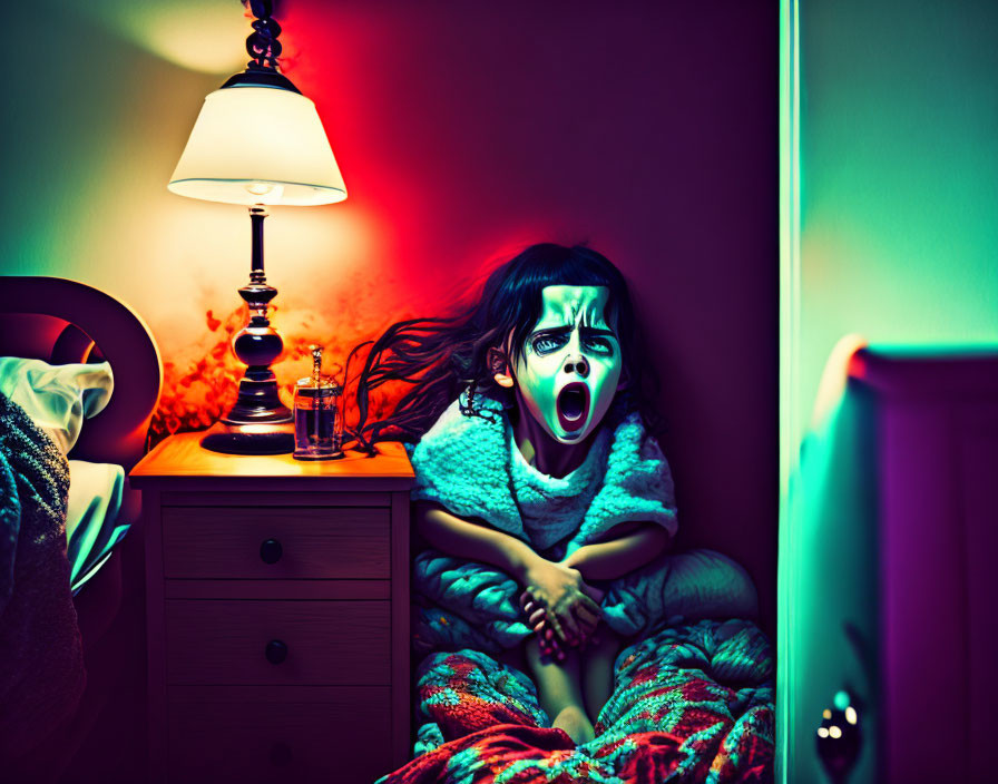 Shocked child watching TV in dark room with colorful light